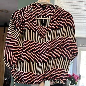 Abstract print cinched sleeve banded waist top